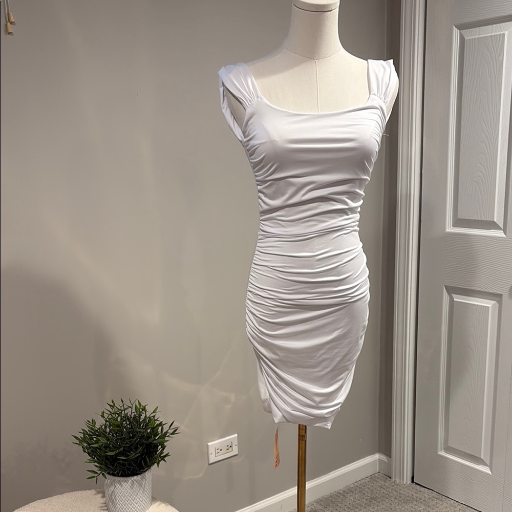 White Ruched Bodycon Mini Dress